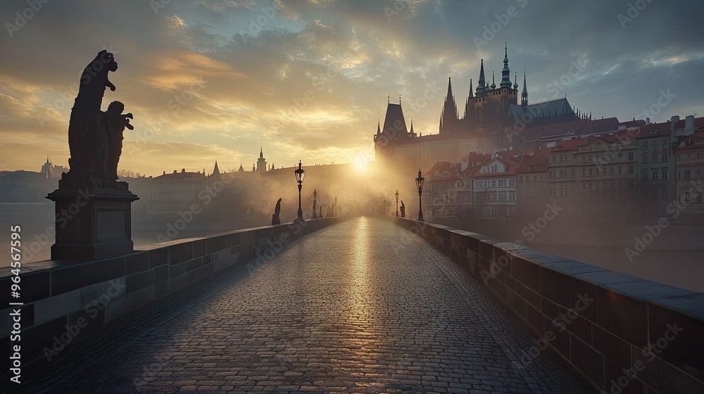 Naklejka premium An early morning view of the empty Charles Bridge with the sun rising behind Prague Castle.