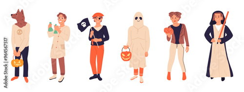 Halloween people. Characters wearing Halloween masquerade costumes, trick or treat party flat vector illustration set. Scary Halloween people in carnival costumes