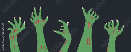 Halloween zombie hands. Monsters bony scrawny arms, Halloween horror zombie hands flat vector illustration set. Spooky living dead creepy hands