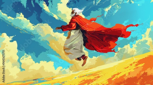 Pixel art vector-style image of an old israeli prophet wearing red capes and white clothes ascends to the sky in a whirlwind. photo