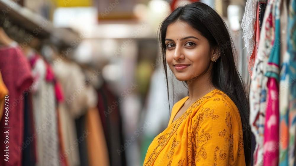 An Indian saleswoman works in a local clothing store. Smiling looking at the camera An Indian saleswoman works in a local clothing store. Smiling looking at the camera