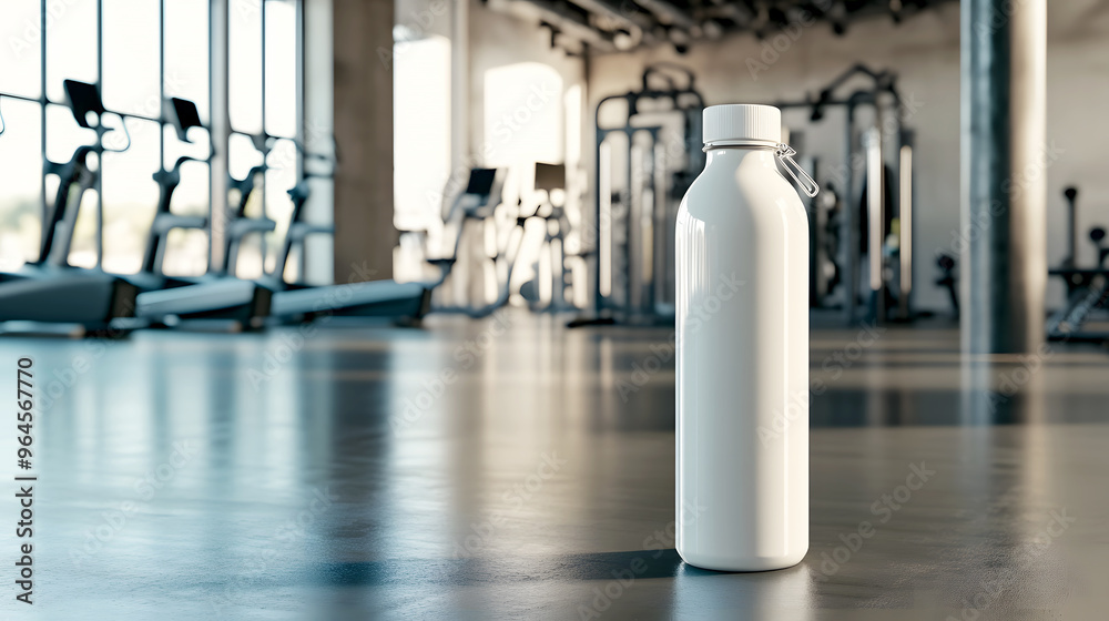 white reusable water bottle mockup positioned in a gym environment with fitness equipment in the background white reusable water bottle mockup positioned in a gym environment with fitness equipment in the background