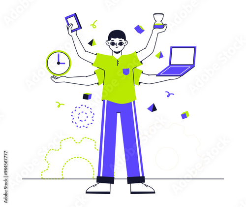 Multitasking character. Productive businessman time planner management, busy office worker flat vector illustration. Juggle multitasking employee schedule organizing
