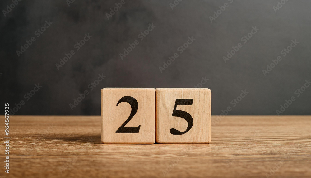 Wooden cubes with number 25 on wooden table, dark wall on backdrop. Wooden cubes with number 25 on wooden table, dark wall on backdrop.