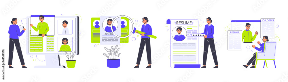 Recruitment process. Job candidates, hiring HR managers and job seekers characters flat vector illustration set. Candidates searching job Recruitment process. Job candidates, hiring HR managers and job seekers characters flat vector illustration set. Candidates searching job