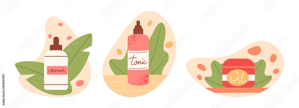 Skin care and beauty products. Skincare cosmetic bottles, moisturizing lotion, cream, shampoo or soap bottles flat vector illustration set. Organic skin care products Skin care and beauty products. Skincare cosmetic bottles, moisturizing lotion, cream, shampoo or soap bottles flat vector illustration set. Organic skin care products
