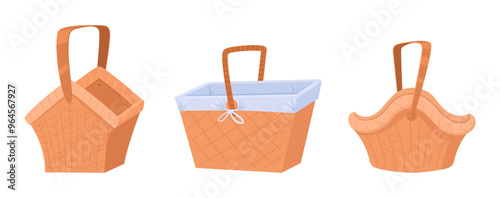 Picnic hampers. Wicker braided handle baskets flat vector illustration set. Cartoon food storage baskets on white