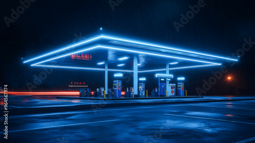 A futuristic gas station illuminated by vibrant lights at night