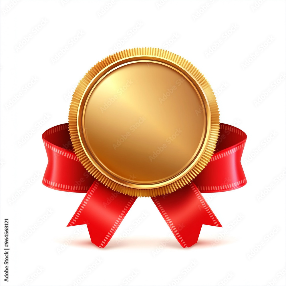 Gold circular badge with a red ribbon isolated on a white background Gold circular badge with a red ribbon isolated on a white background