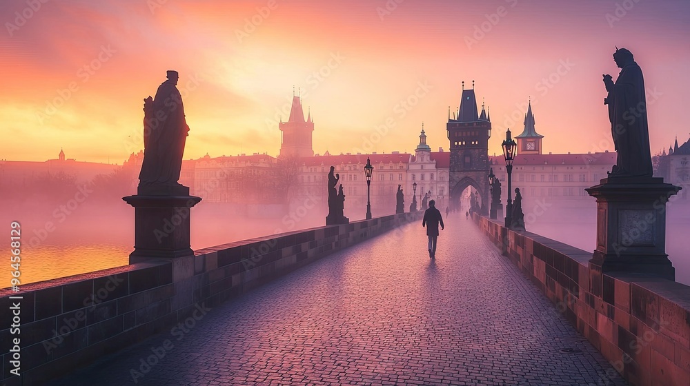 Obraz premium Charles Bridge at sunrise with early morning mist over the Vltava River, showcasing statues and Prague Castle in the background.