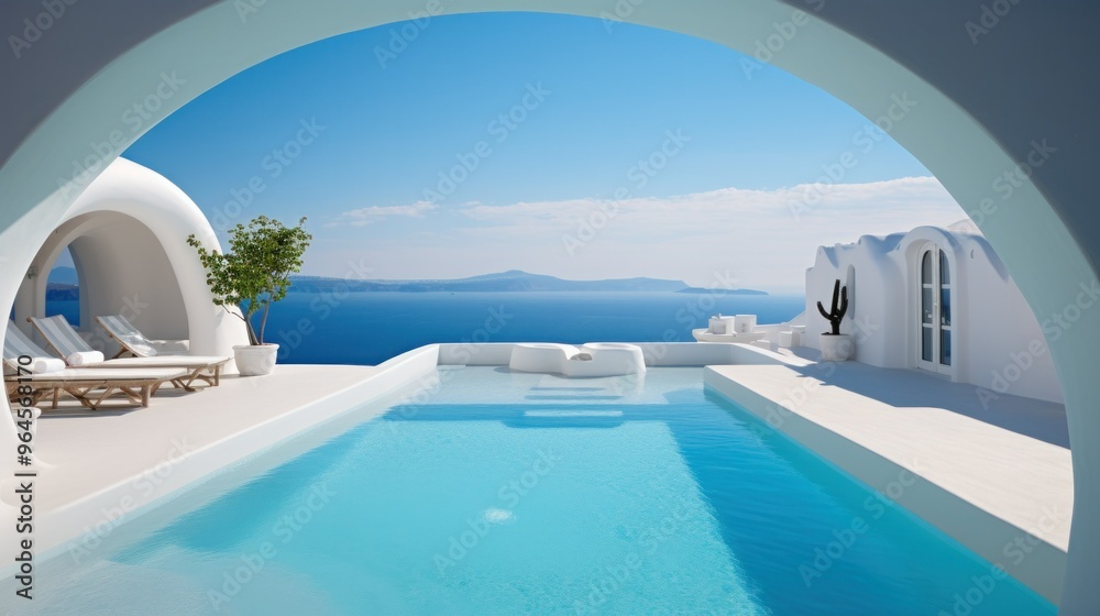 Luxurious swimming pool in Santorini Special summer travel, luxurious accommodations Luxurious swimming pool in Santorini Special summer travel, luxurious accommodations