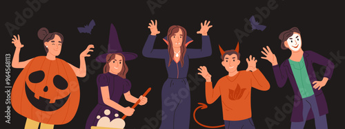 Spooky Halloween characters. People wearing Halloween masquerade costumes flat vector illustration. Scary trick or treat carnival party poster