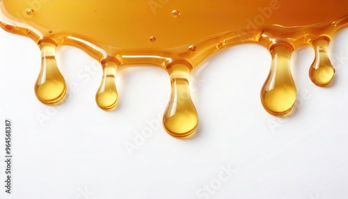 Golden amber color Honey Drizzle made in nature by bees, with Droplets dripping down isolated on White Surface background with copy space