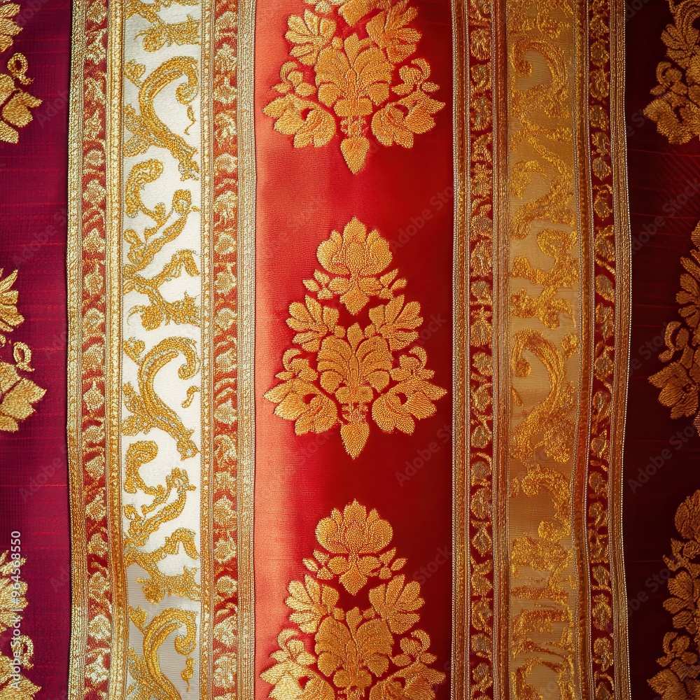 Vibrant Thai Silk with Gold and Maroon Patterns - Ideal Background Textile for Designers and Decorators Vibrant Thai Silk with Gold and Maroon Patterns - Ideal Background Textile for Designers and Decorators