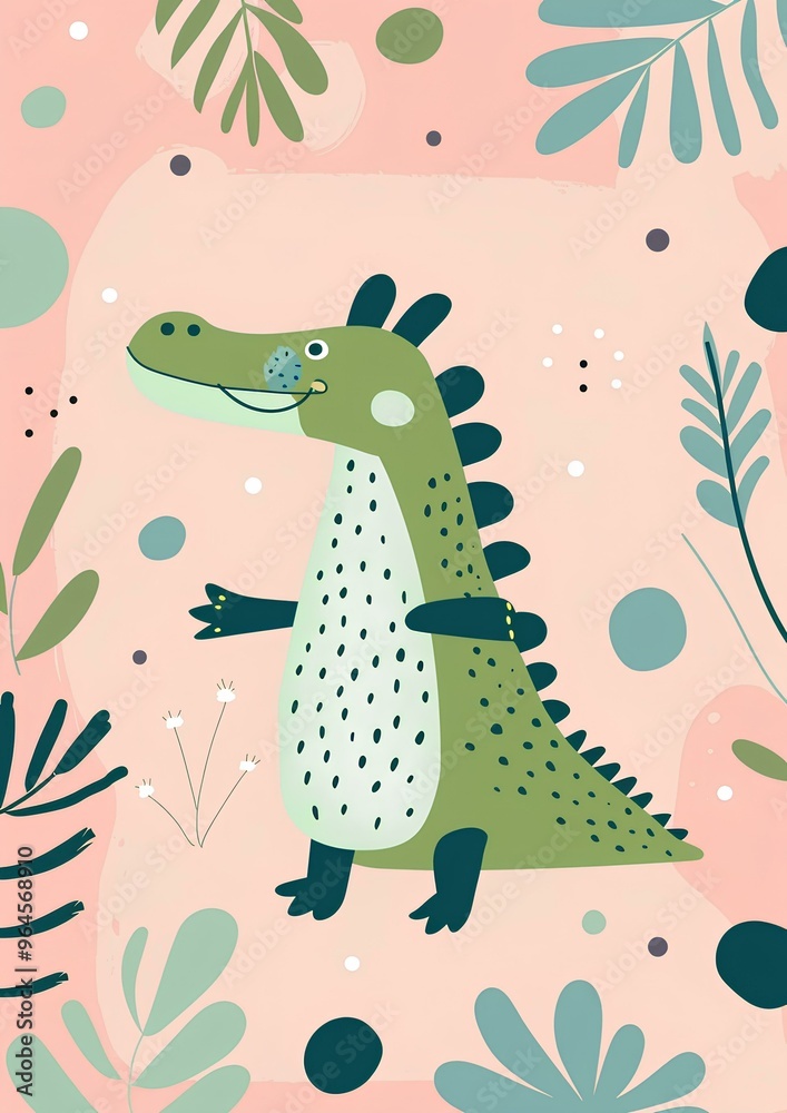 Obraz premium A cute happy crocodile in the style of minimalistic children's book illustration, with pastel pink and light green tones, on a plain background, for a cute nursery wall print, cute baby nursery decor