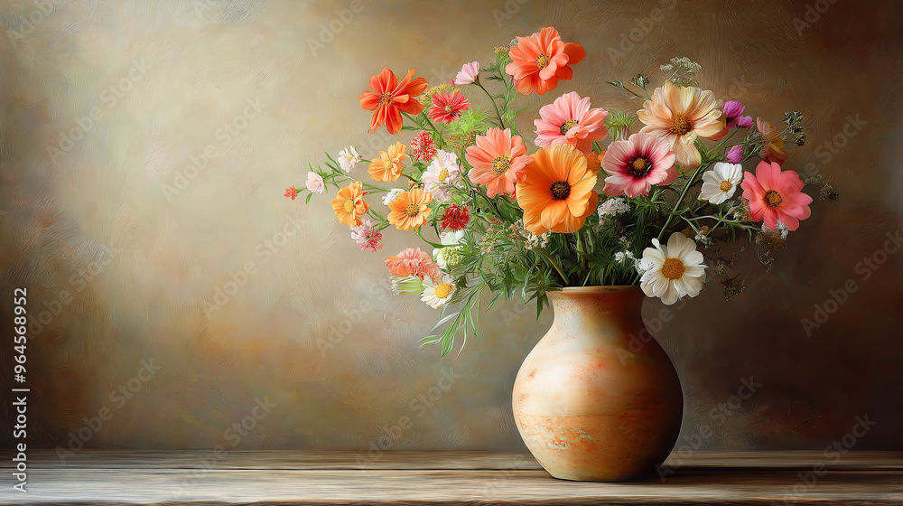 Oil painting flowers arrangement in ceramic vase Oil painting flowers arrangement in ceramic vase