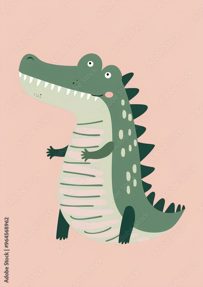 Obraz premium A cute happy crocodile in the style of minimalistic children's book illustration, with pastel pink and light green tones, on a plain background, for a cute nursery wall print, cute baby nursery decor