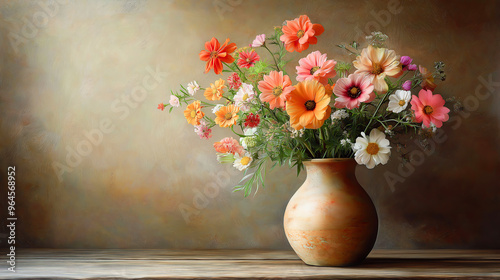 Oil painting flowers arrangement in ceramic vase