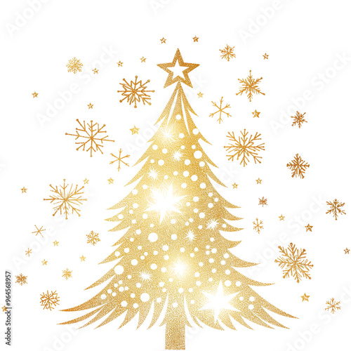 Golden christmas tree , cute line drawing clipart isolated on transparant  background.