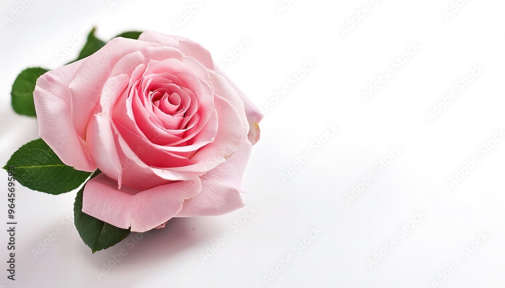Beautiful single pink rose flower with leaves side top view isolated on white background with copy space. Naturе object for design symbol of love, though they can also mean happiness, gentleness