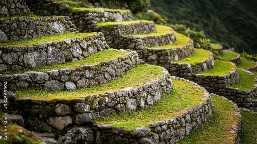 Close-up of the stone terraces of Machu Picchu with lush green vegetation in the background. Close-up of the stone terraces of Machu Picchu with lush green vegetation in the background.
