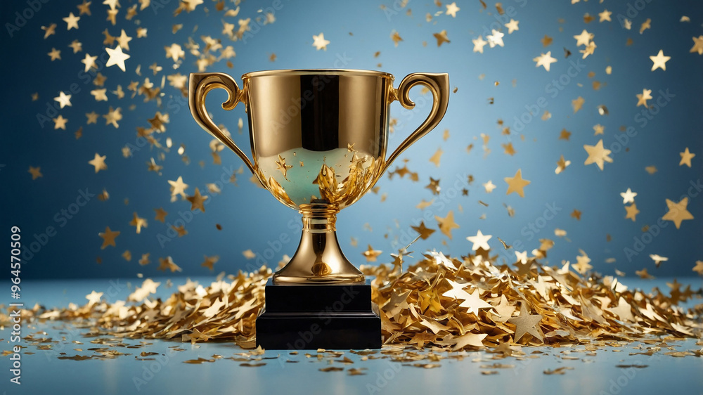 Golden trophy with confetti in the background, highlighting a symbol of achievement and celebration. Golden trophy with confetti in the background, highlighting a symbol of achievement and celebration.