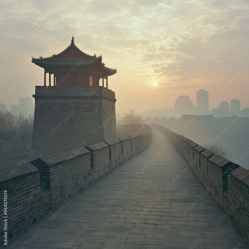Obraz premium Early morning view of Xi'an's city wall, with the mist rising and the sun just beginning to break through