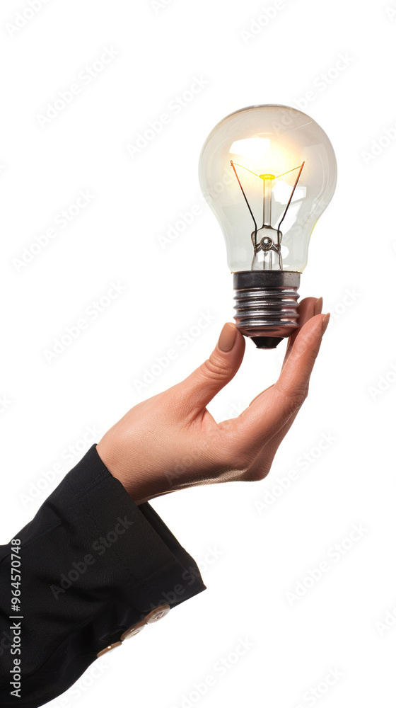 business woman hand proudly holds a lighted idea bulb business woman hand proudly holds a lighted idea bulb