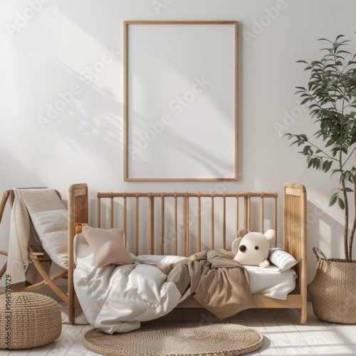 Poster mockup in minimal nursery design, wooden frame on white interior background, 3d render