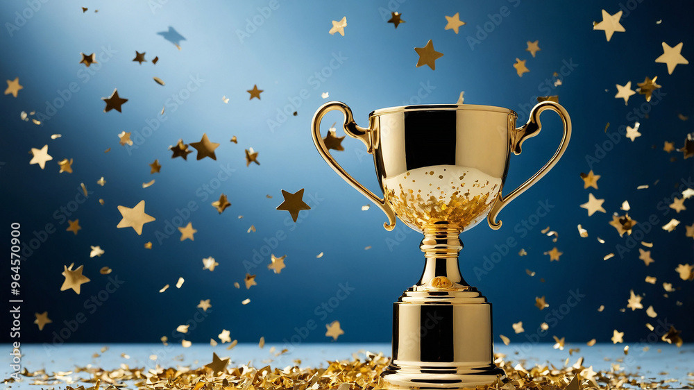 Golden trophy with confetti in the background, highlighting a symbol of achievement and celebration. Golden trophy with confetti in the background, highlighting a symbol of achievement and celebration.
