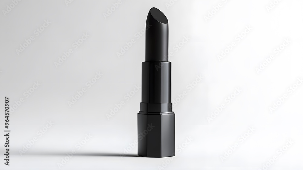 Matte Lipstick Tube: A matte black lipstick tube standing upright on a white background, with minimal reflections and clean lines.
Matte Lipstick Tube: A matte black lipstick tube standing upright on a white background, with minimal reflections and clean lines.