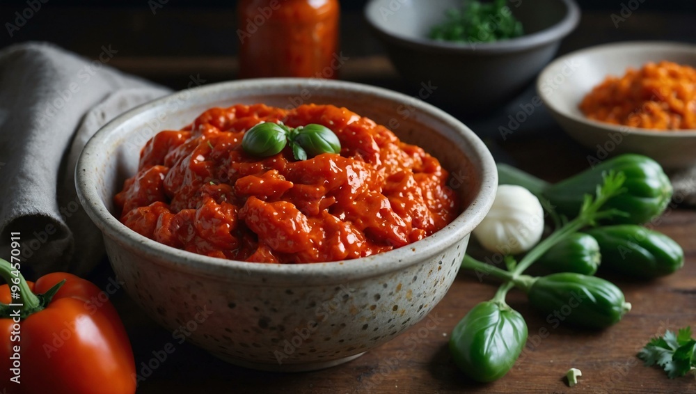 Homemade ajvar in a bowl with a spoon on a table, providing space for text or design. Homemade ajvar in a bowl with a spoon on a table, providing space for text or design.