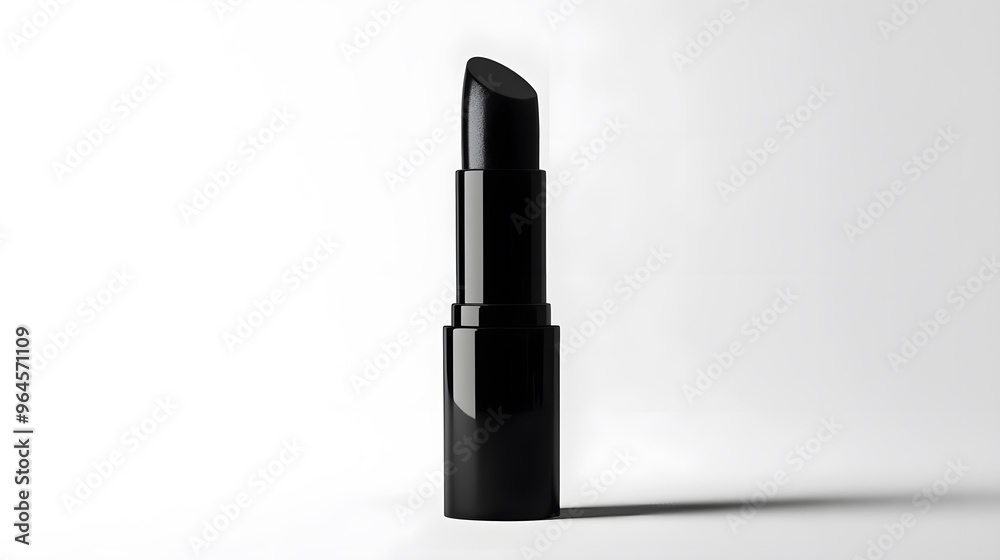 Obraz premium Matte Lipstick Tube: A matte black lipstick tube standing upright on a white background, with minimal reflections and clean lines. 
