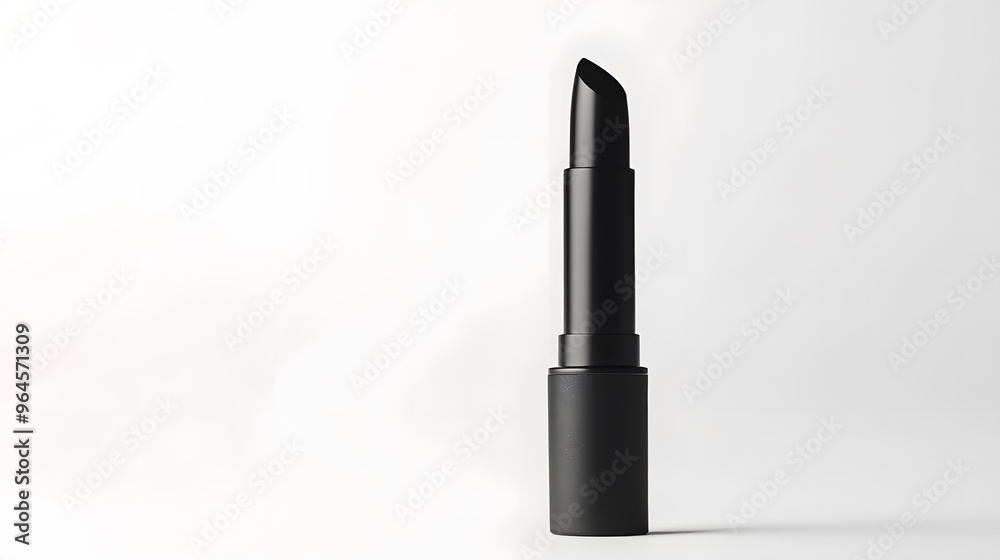 Matte Lipstick Tube: A matte black lipstick tube standing upright on a white background, with minimal reflections and clean lines.
Matte Lipstick Tube: A matte black lipstick tube standing upright on a white background, with minimal reflections and clean lines.