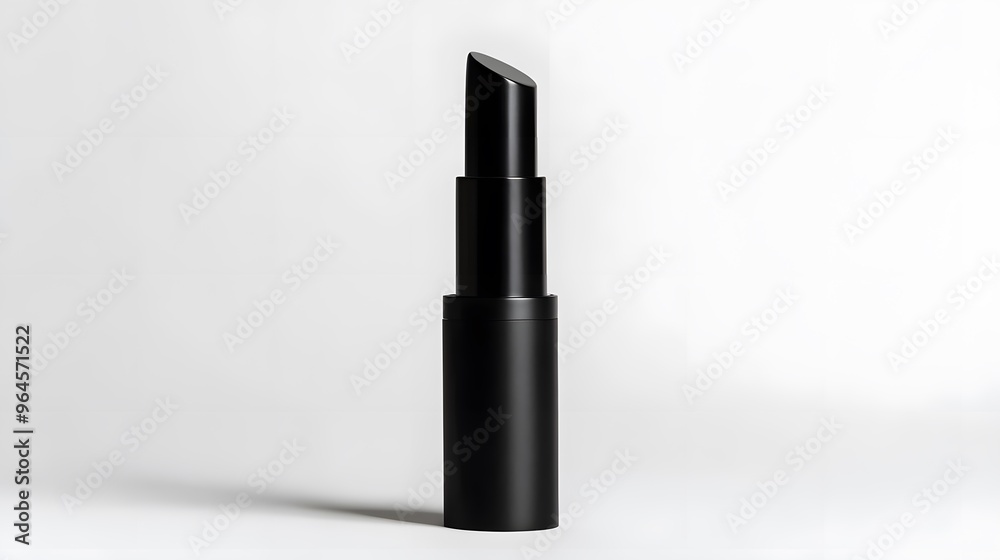 Matte Lipstick Tube: A matte black lipstick tube standing upright on a white background, with minimal reflections and clean lines.
Matte Lipstick Tube: A matte black lipstick tube standing upright on a white background, with minimal reflections and clean lines.
