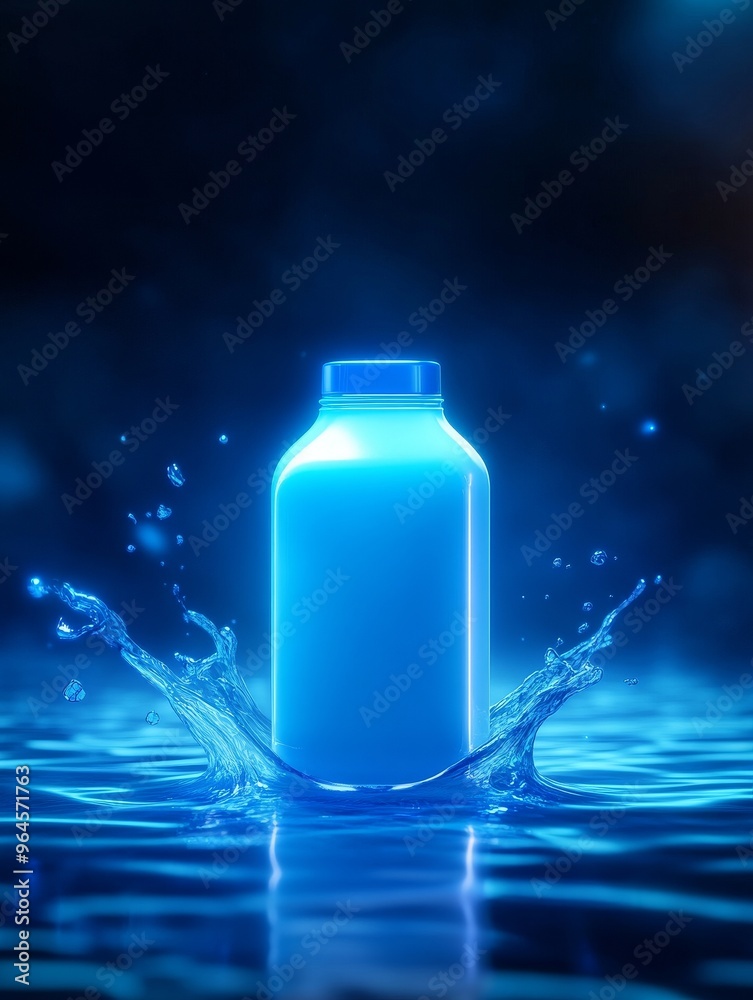 A glowing blue bottle creates a stunning splash in the water, capturing the essence of freshness and creativity. A glowing blue bottle creates a stunning splash in the water, capturing the essence of freshness and creativity.