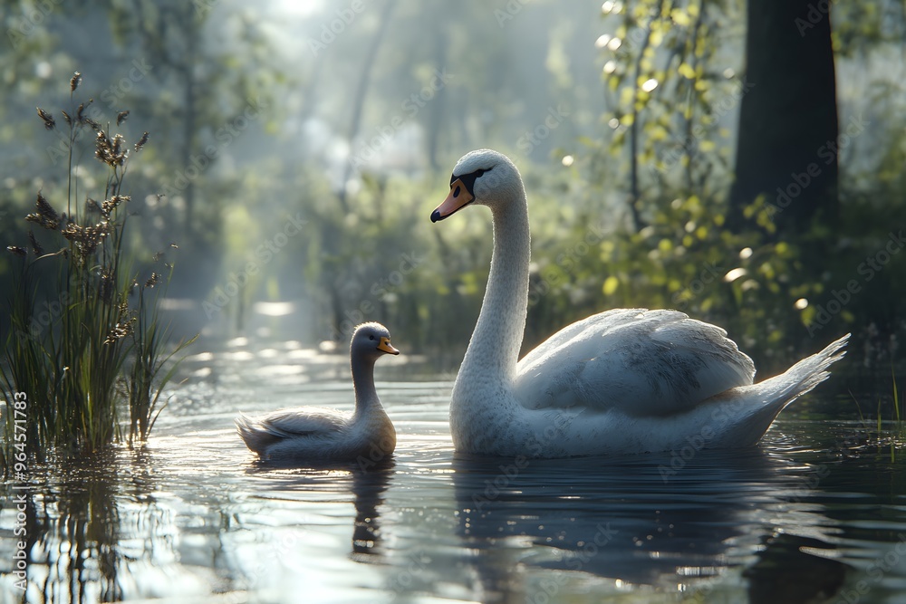 Fototapeta premium A Swan and its Cygnet in a Misty Forest
