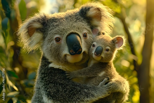 A Mother Koala Holding Her Baby Close photo