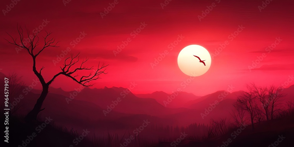 A hauntingly beautiful landscape featuring a red sky, a full moon, and a solitary bird flying over silhouette mountains. A hauntingly beautiful landscape featuring a red sky, a full moon, and a solitary bird flying over silhouette mountains.