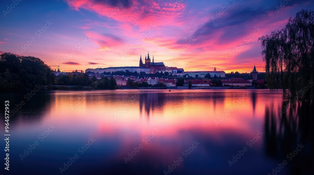 Fototapeta premium Sunset over Prague Castle, with the Vltava River reflecting the vibrant colors of the sky.