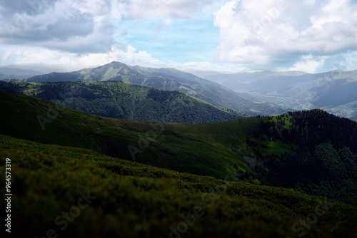 Beautiful mountains landscape with green hills. Carpathians, Ukraine.