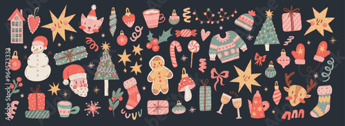 Festive Christmas collection of Hand-drawn elements of Santa, Snowman, Gingerbread, Balls, and holiday decorations. Flat Retro Stickers for greeting cards, planners, scrapbooking, and invitations