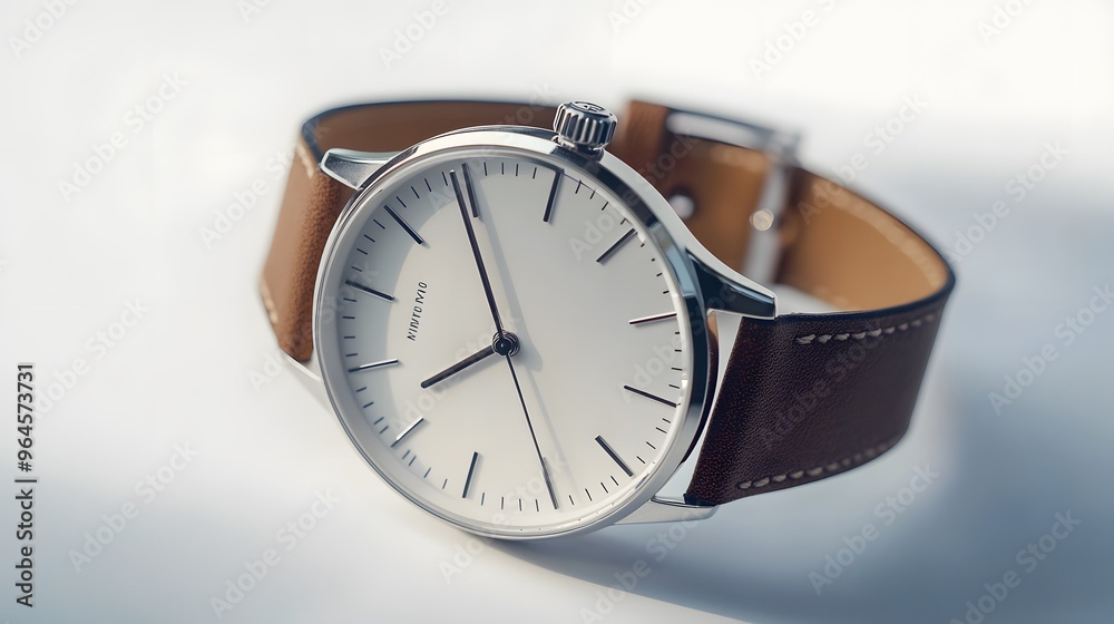 Minimalist Watch: A minimalist wristwatch with a clean face and simple leather strap, placed on a pristine white background, with soft lighting emphasizing its contours.
Minimalist Watch: A minimalist wristwatch with a clean face and simple leather strap, placed on a pristine white background, with soft lighting emphasizing its contours.