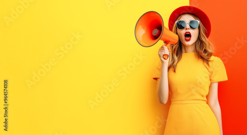 Young woman in bright dress and hat with megaphone, expressing enthusiasm against yellow and orange background.