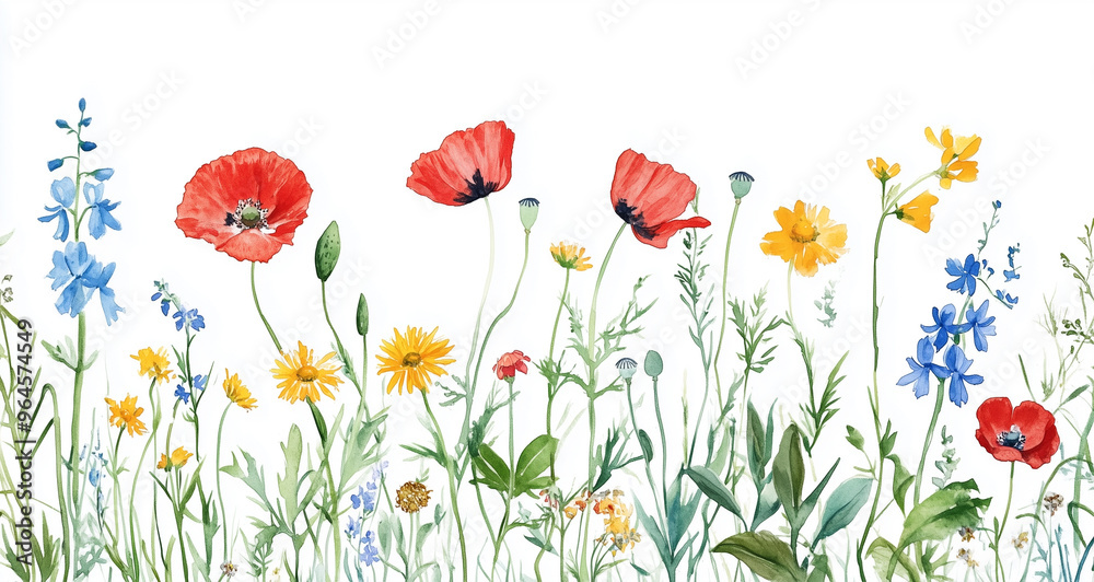 Naklejka premium Beautiful Watercolor Wildflower Garden with Red Poppies, Yellow Daisies, and Blue Delphiniums in a Spring Meadow on a White Background