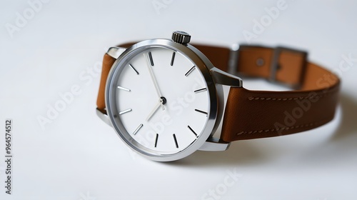 Wallpaper Mural Minimalist Watch: A minimalist wristwatch with a clean face and simple leather strap, placed on a pristine white background, with soft lighting emphasizing its contours.
 Torontodigital.ca