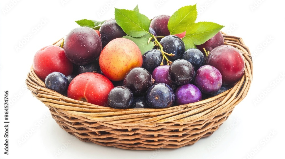 Fresh Plums, Apricots, and Grapes in a Wicker Basket, Ready to Eat Fresh Plums, Apricots, and Grapes in a Wicker Basket, Ready to Eat