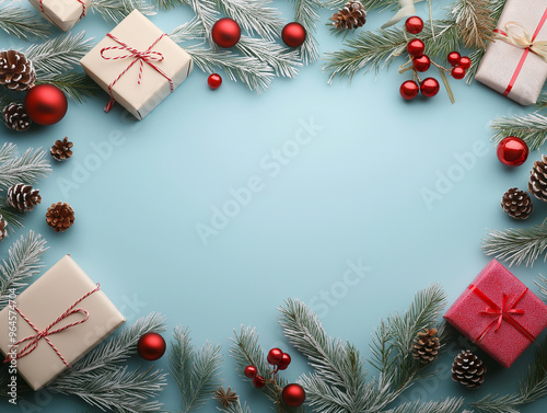 A festive border featuring frosted pine branches, red ornaments, and wrapped gifts, all arranged against a bright blue background for a cheerful holiday design..