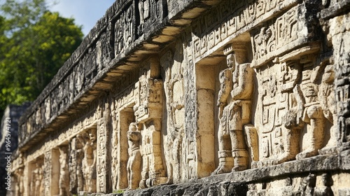 The ancient stone reliefs of Chichen Itza, depicting scenes of sacrifice and Mayan mythology. photo