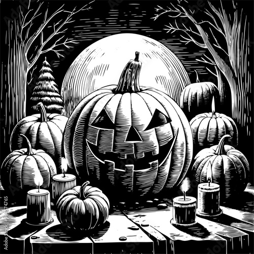 Monochrome square poster on the theme of Halloween with pumpkins.